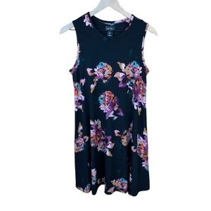 Nicole Miller Black Floral Summer Sleeveless Pocket Crewneck Dress, S